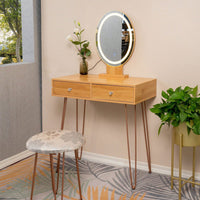 3-Color Dimmable Lighted Mirror Makeup Desk With 2 Drawers And  Padded Stool