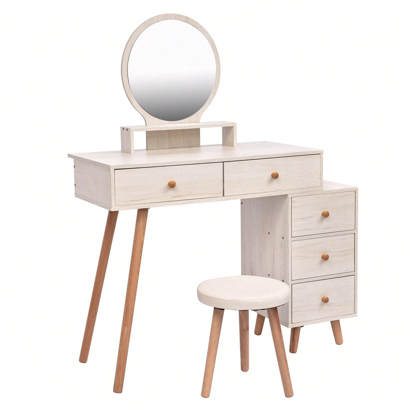 Makeup Vanity Table With Cushioned Stool, Large Capacity Storage Cabinet, 5 Drawers, Large Round Mirror, Fasionable Makeup Furniture