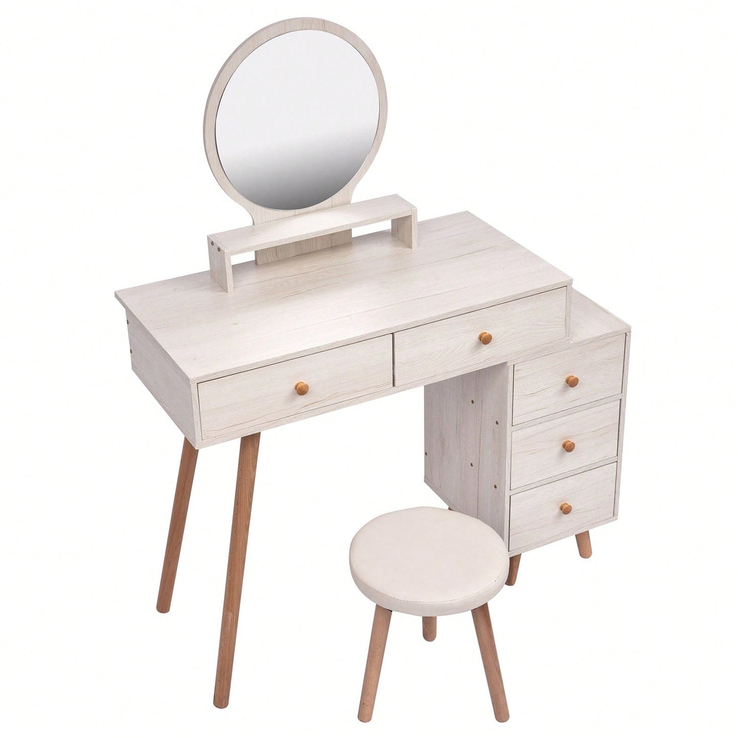 Makeup Vanity Table With Cushioned Stool, Large Capacity Storage Cabinet, 5 Drawers, Large Round Mirror, Fasionable Makeup Furniture