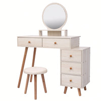 Makeup Vanity Table With Cushioned Stool, Large Capacity Storage Cabinet, 5 Drawers, Large Round Mirror, Fasionable Makeup Furniture