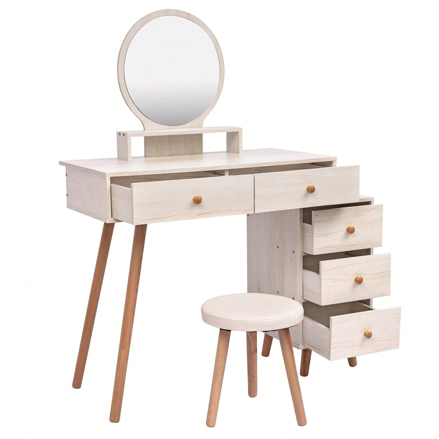 Makeup Vanity Table With Cushioned Stool, Large Capacity Storage Cabinet, 5 Drawers, Large Round Mirror, Fasionable Makeup Furniture