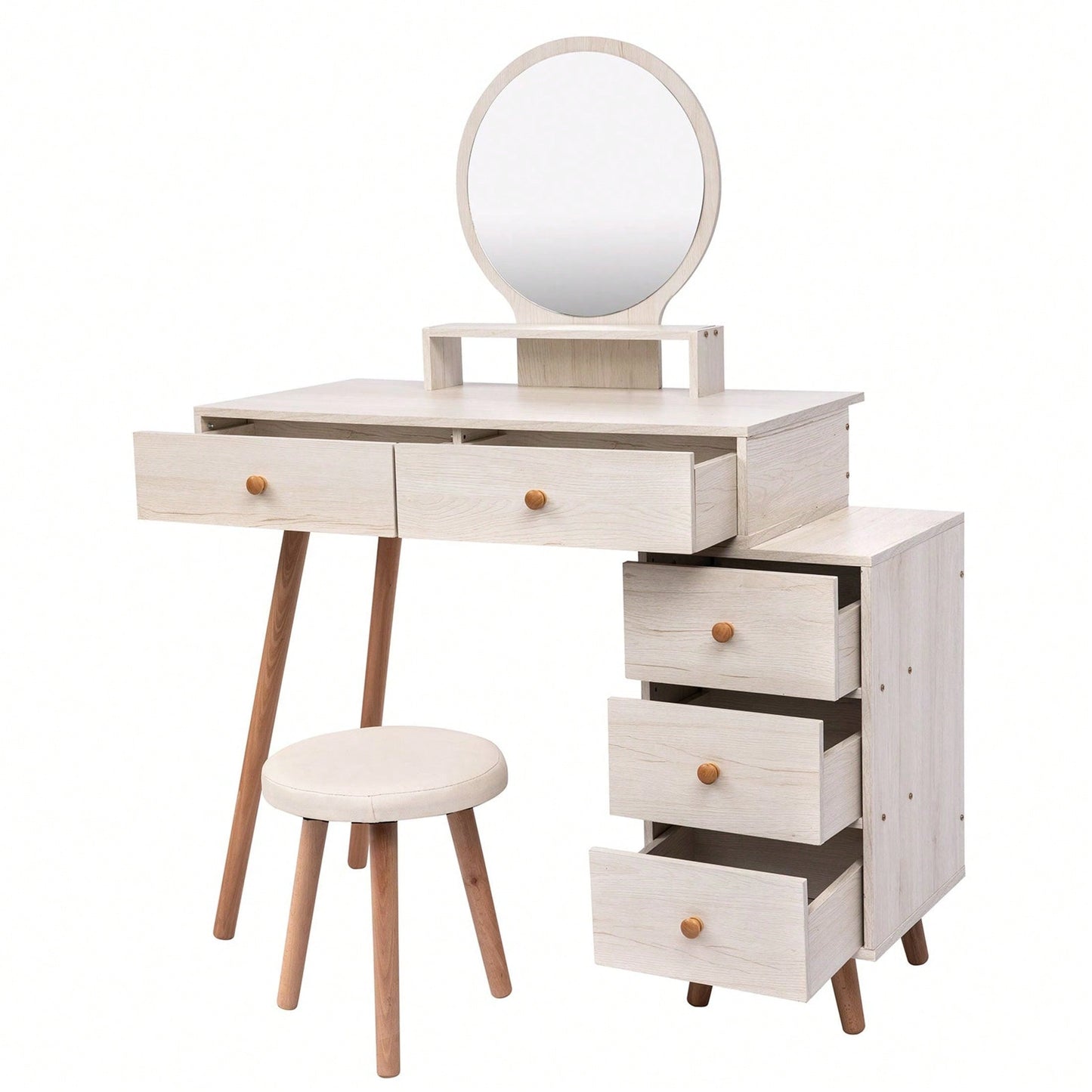 Makeup Vanity Table With Cushioned Stool, Large Capacity Storage Cabinet, 5 Drawers, Large Round Mirror, Fasionable Makeup Furniture