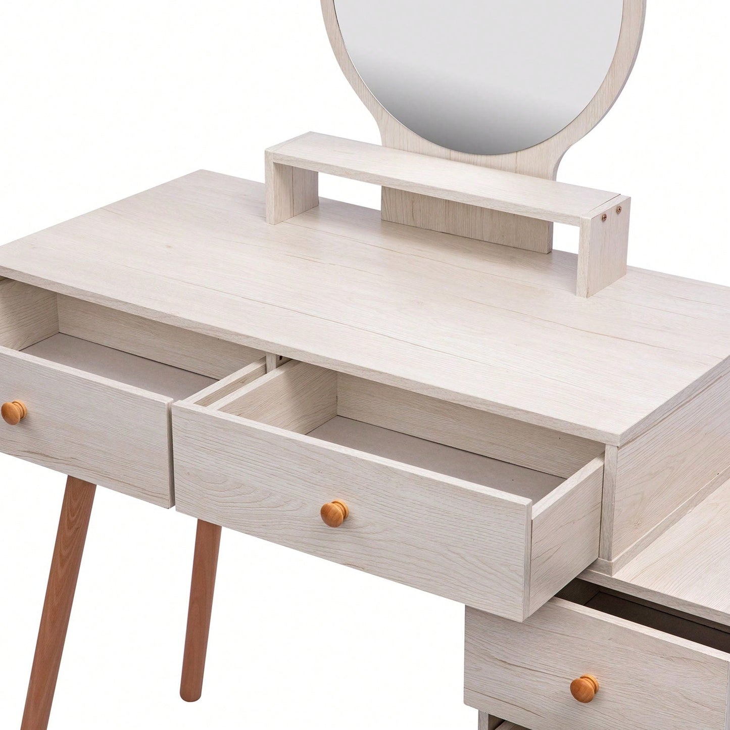 Makeup Vanity Table With Cushioned Stool, Large Capacity Storage Cabinet, 5 Drawers, Large Round Mirror, Fasionable Makeup Furniture