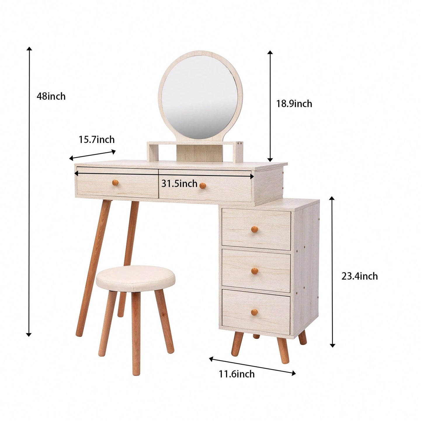 Makeup Vanity Table With Cushioned Stool, Large Capacity Storage Cabinet, 5 Drawers, Large Round Mirror, Fasionable Makeup Furniture