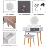 3-Color Dimmable Lighted Makeup Vanity Set With Stool, Large Drawers, Metal Handle Ring