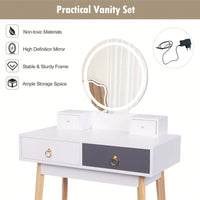 3-Color Dimmable Lighted Makeup Vanity Set With Stool, Large Drawers, Metal Handle Ring