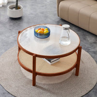 Circular Double-Layer Solid Wood Coffee Table, Craft Glass Tabletop, Second Layer Material: PE Rattan, Solid Wood Frame