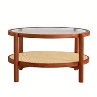 Circular Double-Layer Solid Wood Coffee Table, Craft Glass Tabletop, Second Layer Material: PE Rattan, Solid Wood Frame