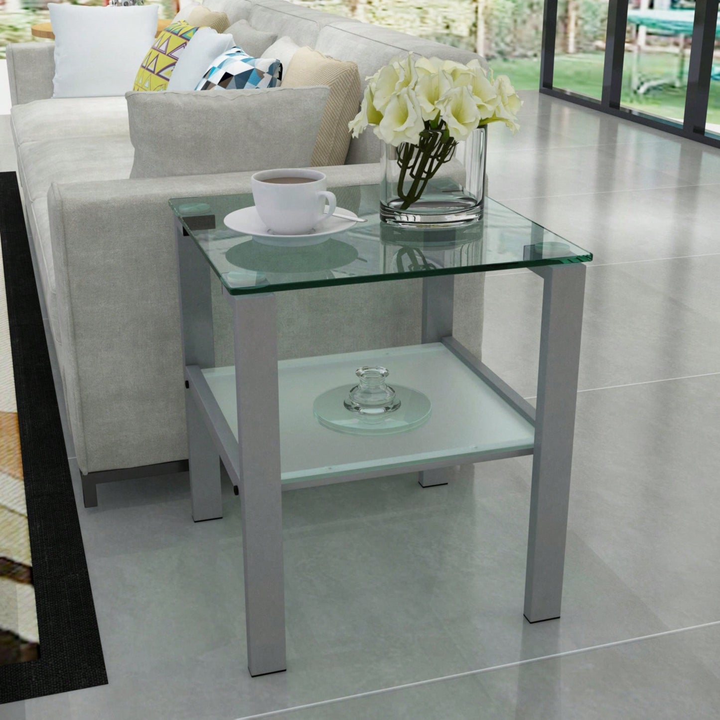 Two-Layer Glass Tea Table, Small Round Table, Bedroom Corner Table, Living Room Grey Side Table