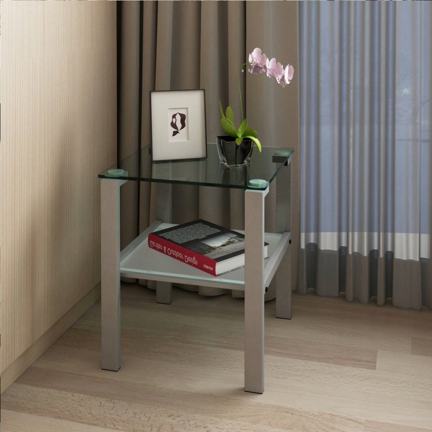 Two-Layer Glass Tea Table, Small Round Table, Bedroom Corner Table, Living Room Grey Side Table