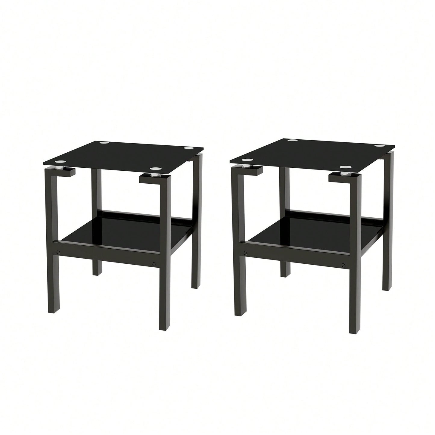 2-Piece Black Tempered Gass End Table Set, Sofa Table With 2-Layer Storage Shelf