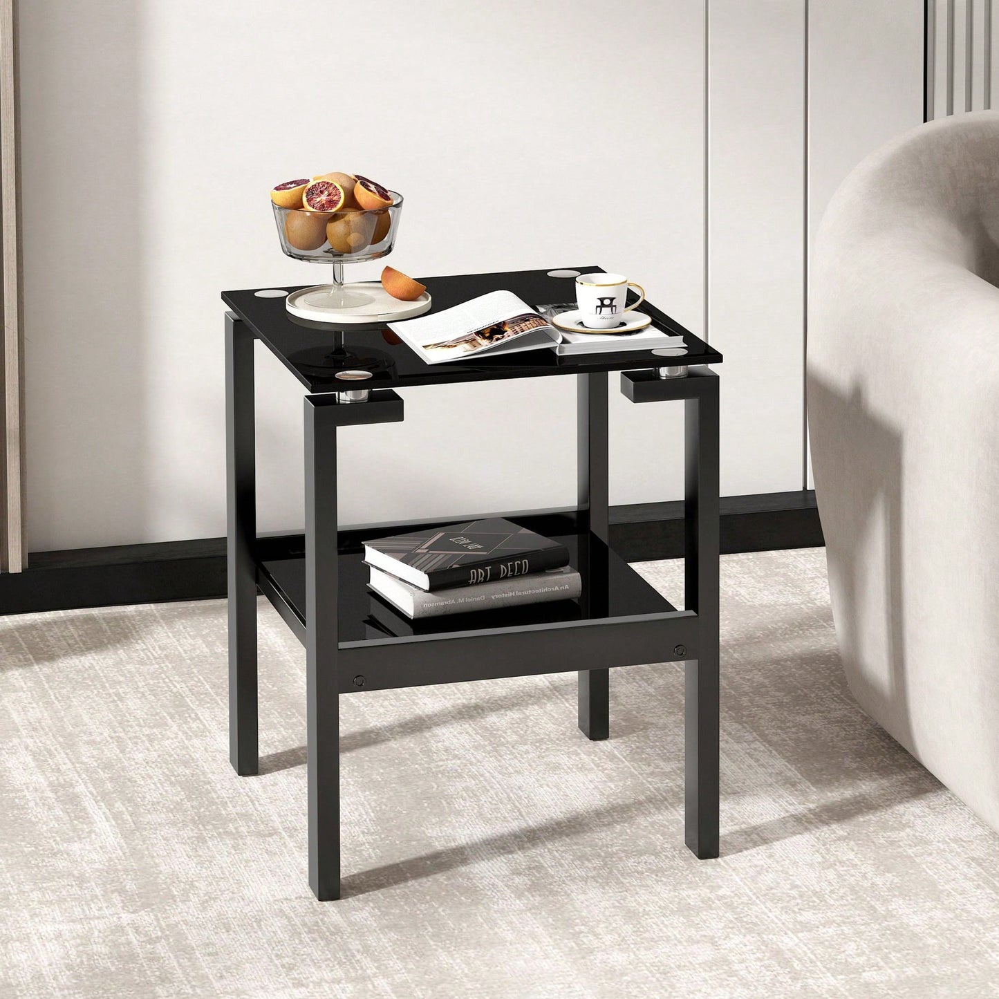 Black Tempered Glass End Table With 2 Layer, Small Side Table For Living Room