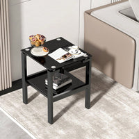 Black Tempered Glass End Table With 2 Layer, Small Side Table For Living Room