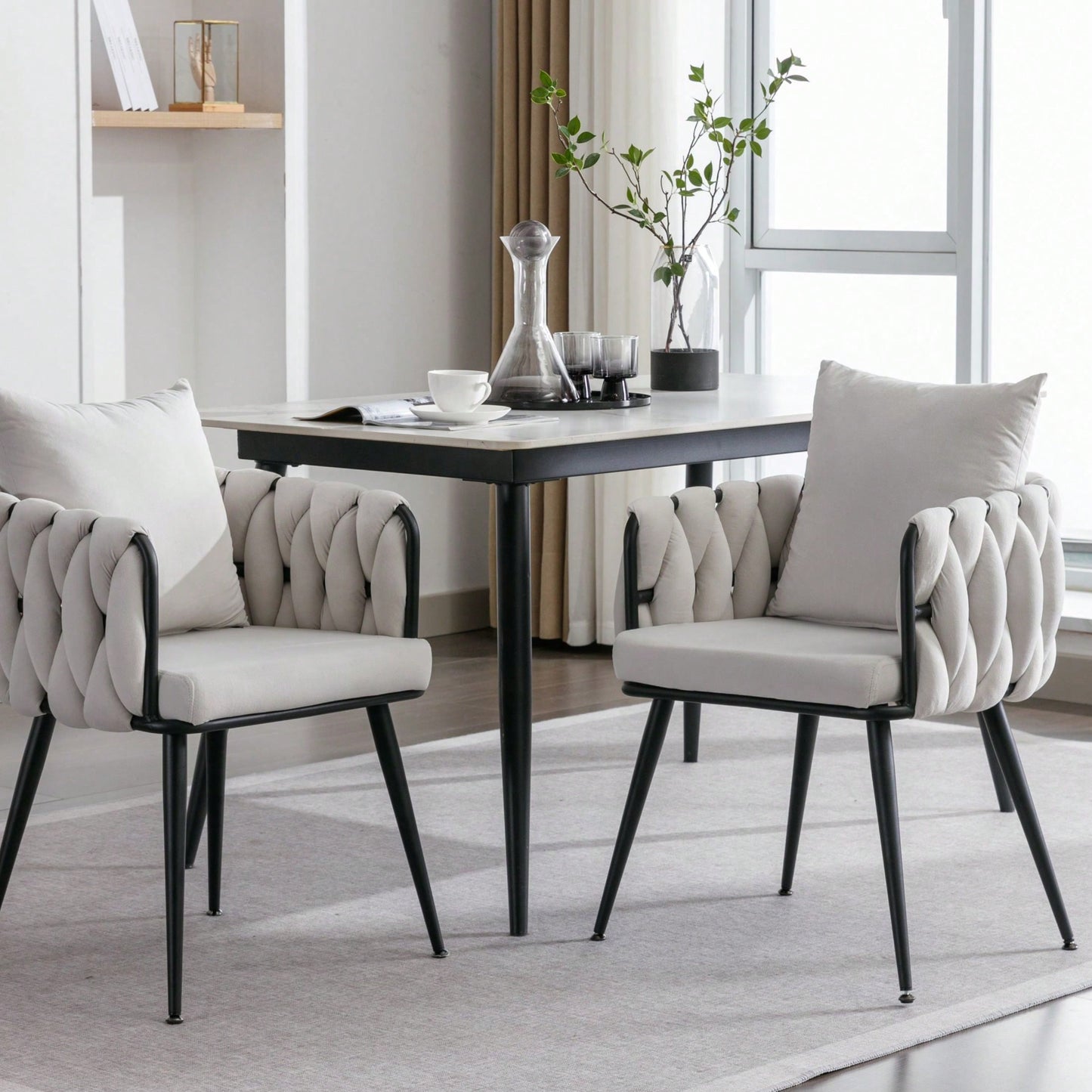 Hand-Woven Velvet Dining Chairs Set of 2 Upholstered Accent Chairs with Black Metal Legs for Kitchen Living Room