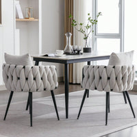 Hand-Woven Velvet Dining Chairs Set of 2 Upholstered Accent Chairs with Black Metal Legs for Kitchen Living Room