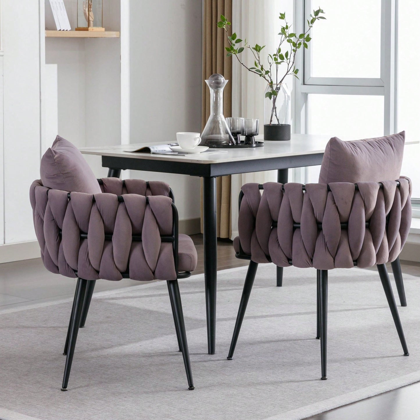 Hand-Woven Velvet Dining Chairs Set of 2 Upholstered Accent Chairs with Black Metal Legs for Kitchen Living Room