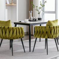 Hand-Woven Velvet Dining Chairs Set of 2 Upholstered Accent Chairs with Black Metal Legs for Kitchen Living Room