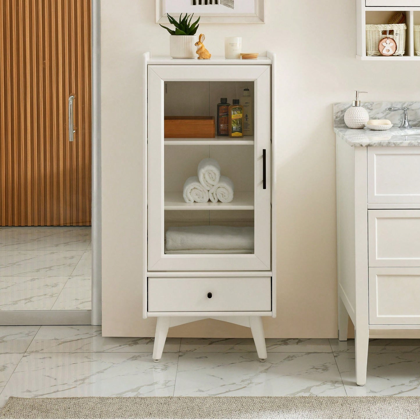 Modern Floor Standing Bathroom Storage Cabinet with Glass Door Adjustable Shelves and Drawer for Extra Space