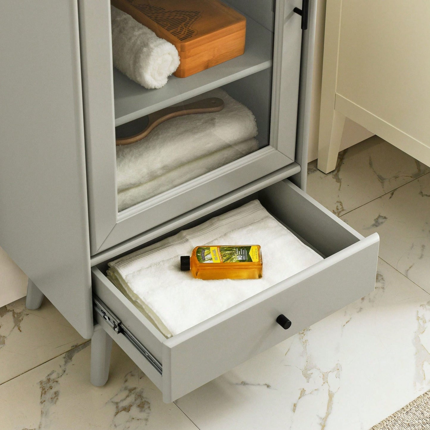 Modern Floor Standing Bathroom Storage Cabinet with Glass Door Adjustable Shelves and Drawer for Extra Space