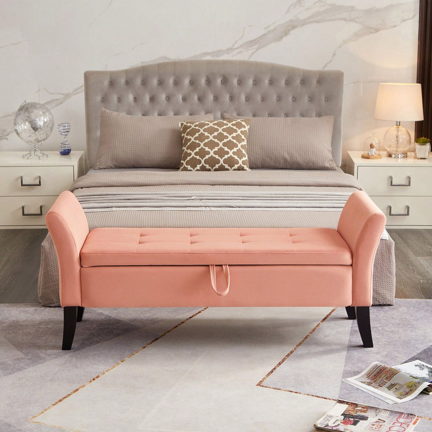 51.5" Bed Bench With Storage Beige Velvet