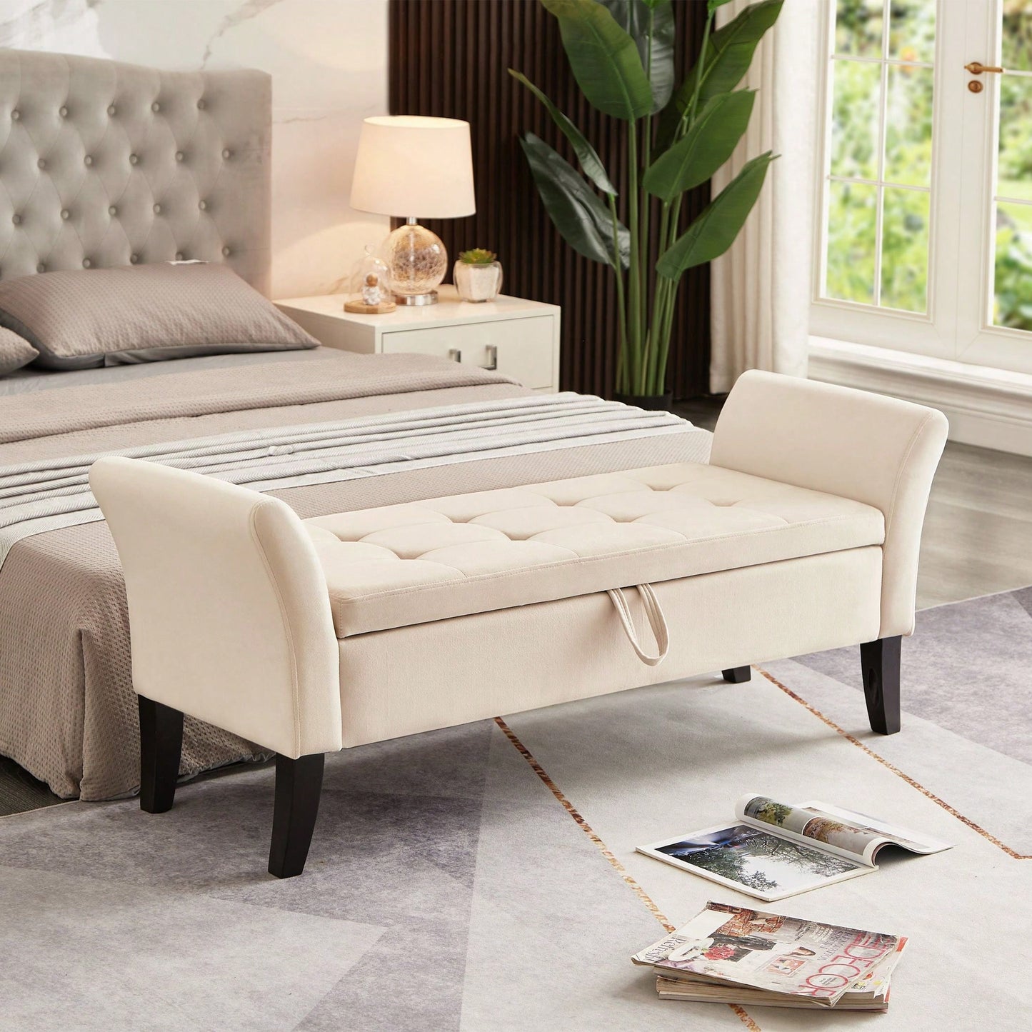 51.5" Bed Bench With Storage Beige Velvet