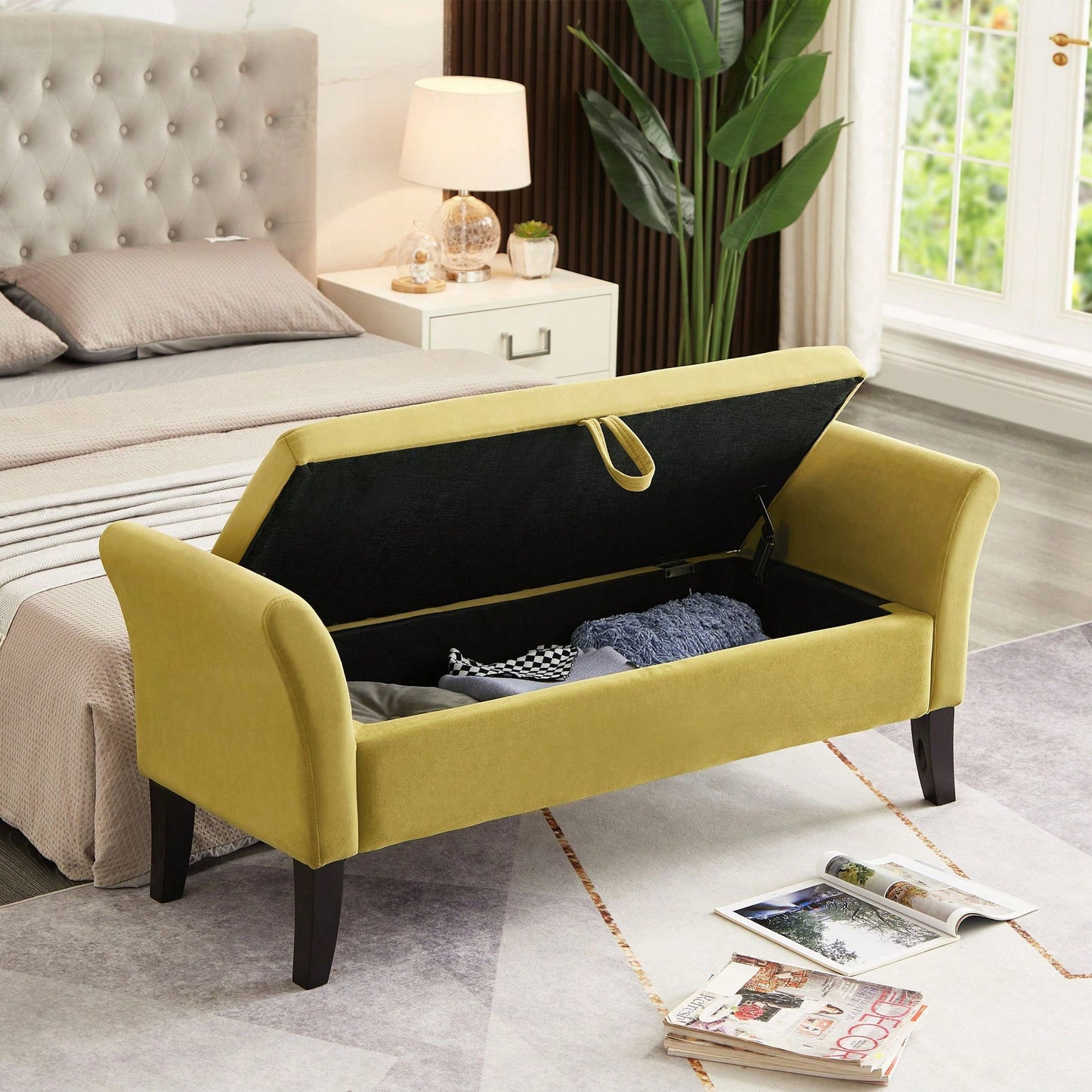 51.5" Bed Bench With Storage Beige Velvet