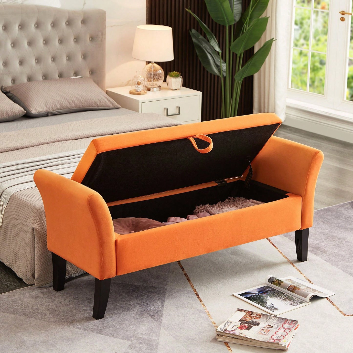 51.5" Bed Bench With Storage Beige Velvet