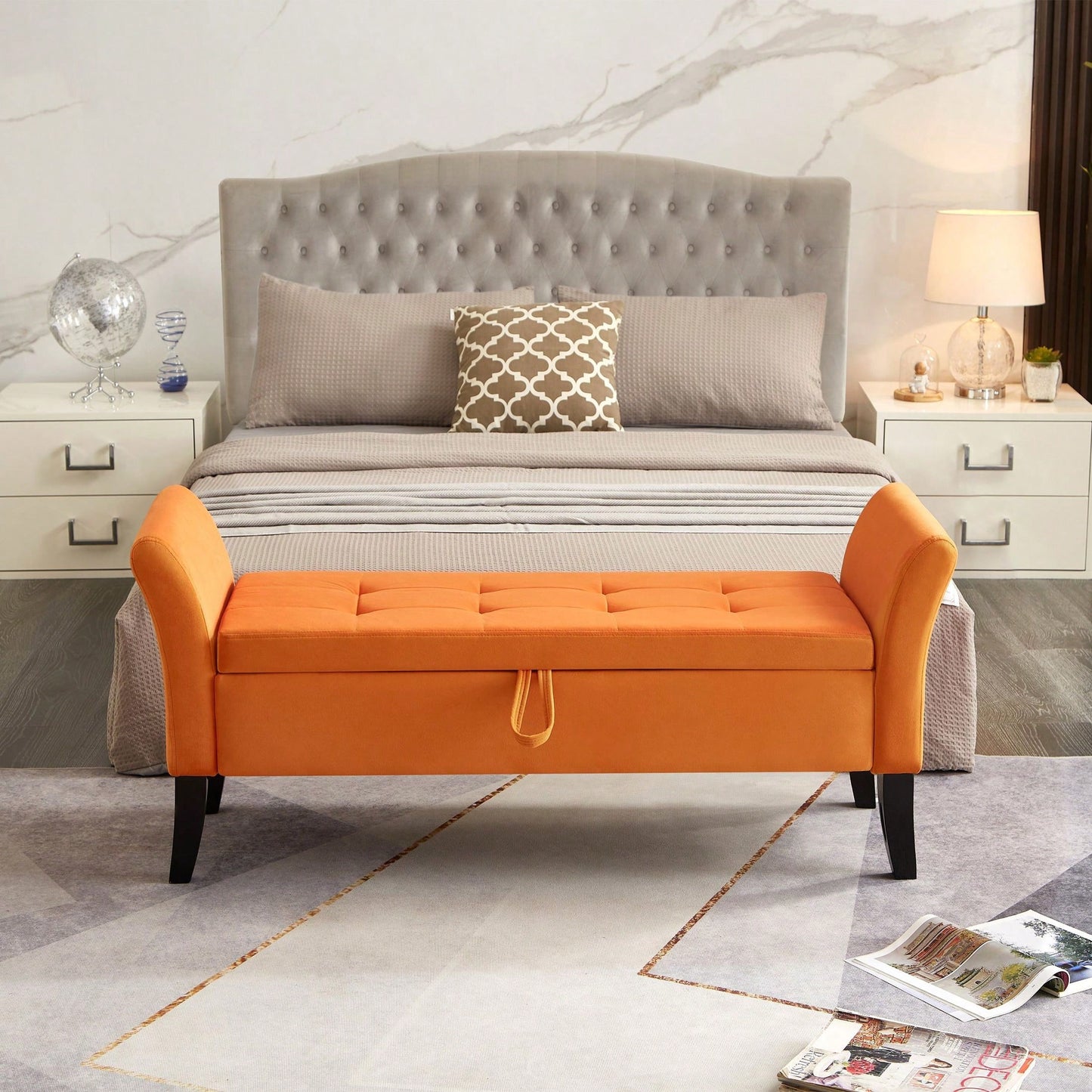 51.5" Bed Bench With Storage Beige Velvet