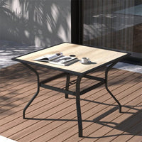 Outdoor Patio Dining Table Square Metal Table With Umbrella Hole And Wood-Look Tabletop For Porch,Garden,Backyard,Balcony