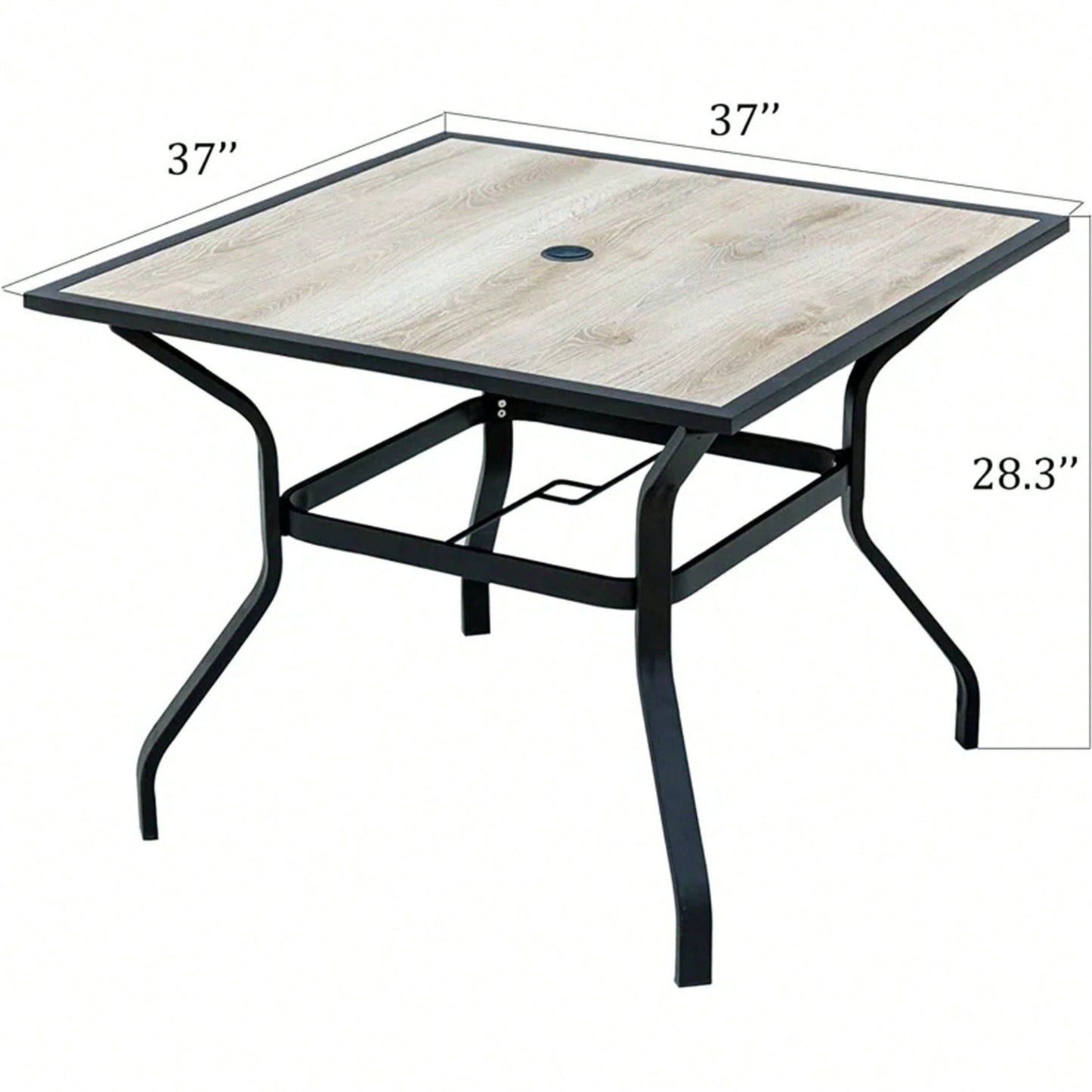 Outdoor Patio Dining Table Square Metal Table With Umbrella Hole And Wood-Look Tabletop For Porch,Garden,Backyard,Balcony