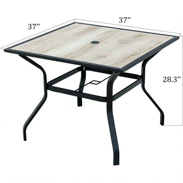 Outdoor Patio Dining Table Square Metal Table With Umbrella Hole And Wood-Look Tabletop For Porch,Garden,Backyard,Balcony