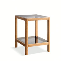 Natural Oak Wood End Table With Tempered Glass For Living Room, Dinning Room, Or Bedroom