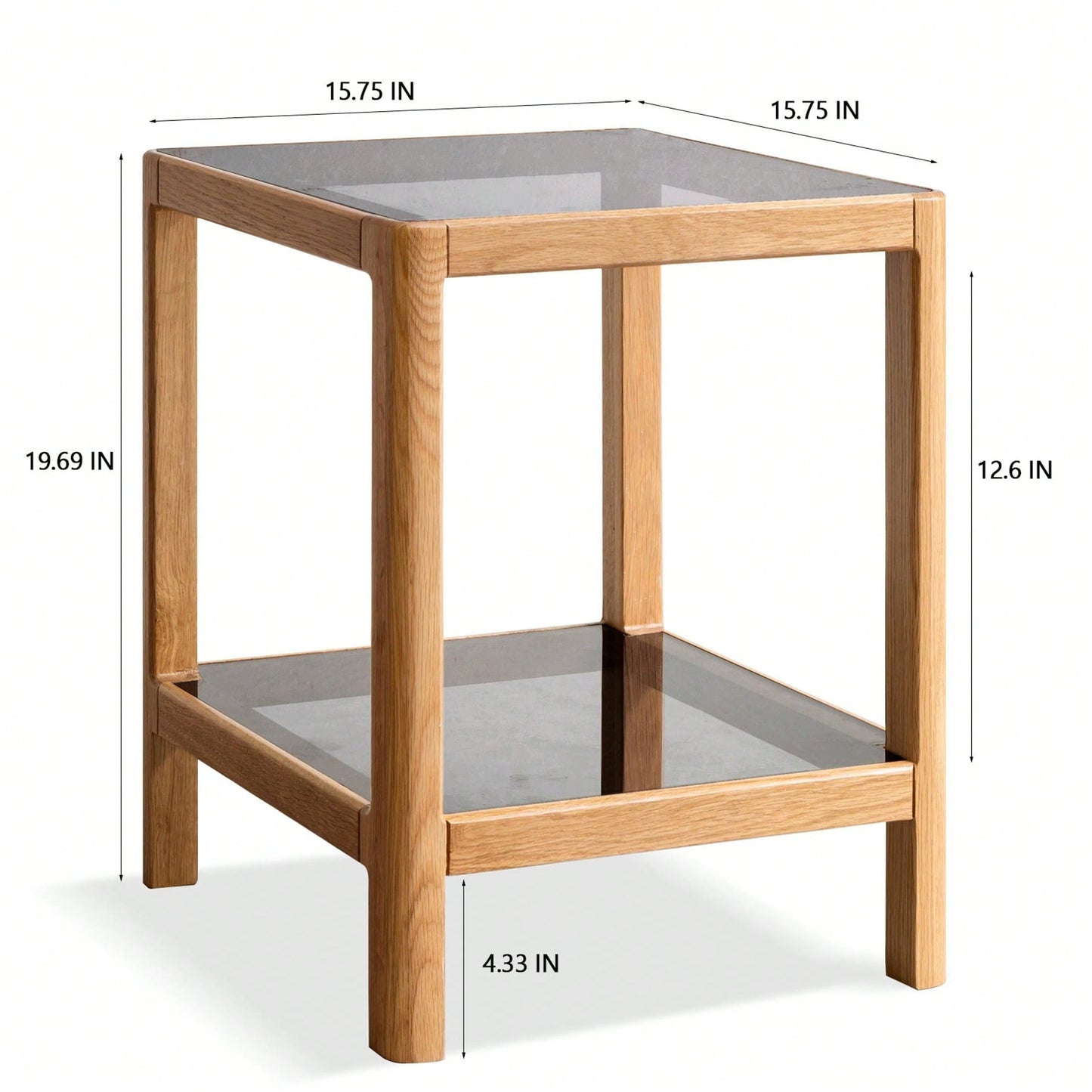 Natural Oak Wood End Table With Tempered Glass For Living Room, Dinning Room, Or Bedroom