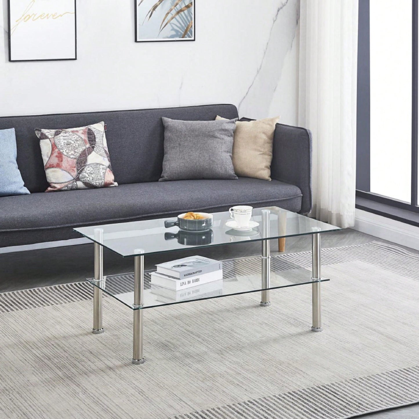 2-Layer Space Coffee Table ,Modern Sofa Table With Storage Shelve For Living Room