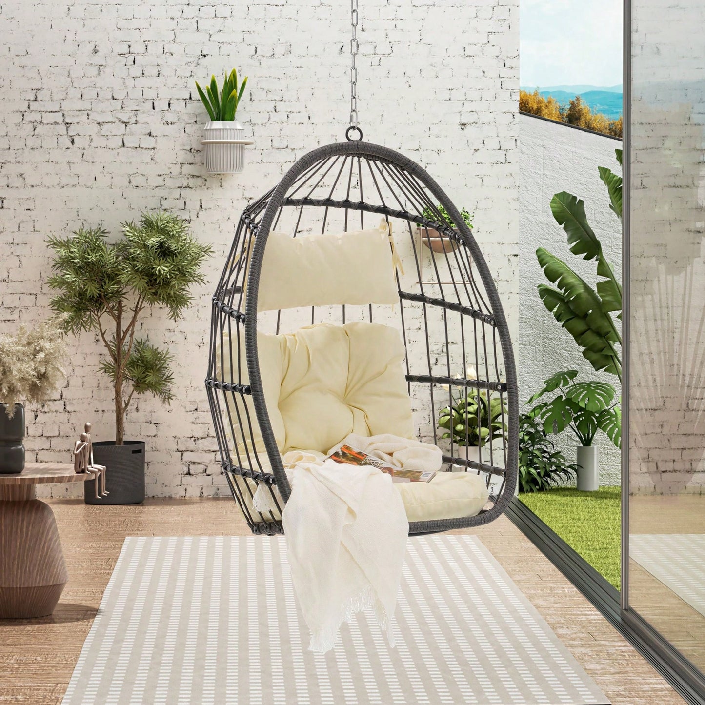 Outdoor Garden Rattan Egg Swing Chair Hanging Chair Wood