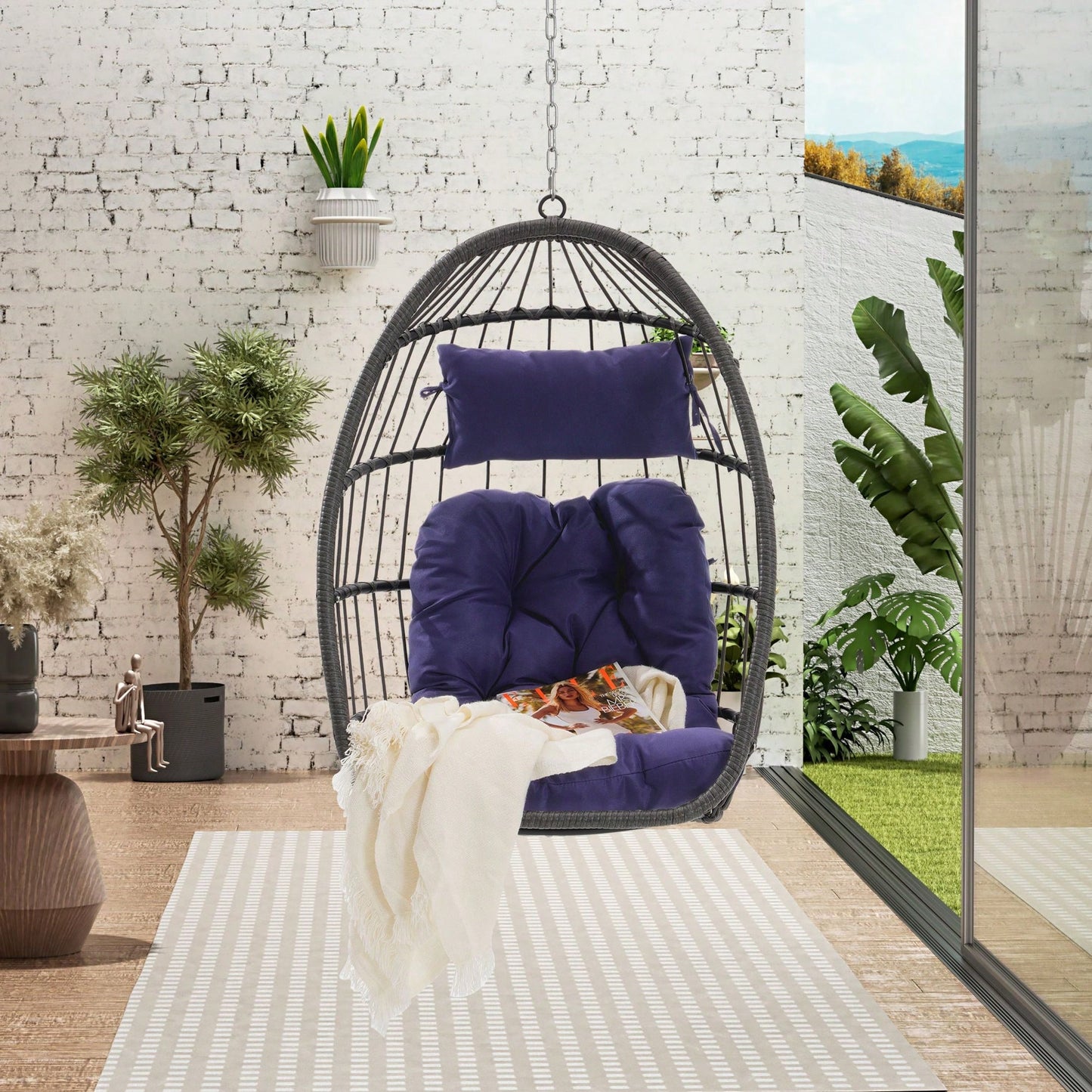 Outdoor Garden Rattan Egg Swing Chair Hanging Chair Wood