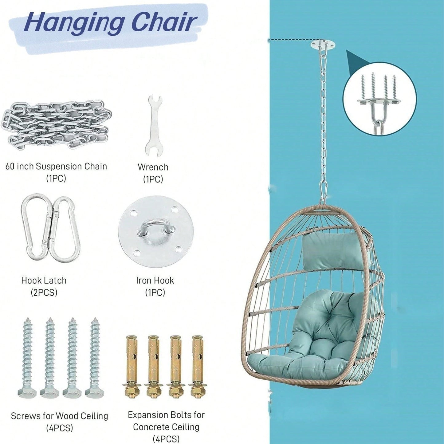 Outdoor Garden Rattan Egg Swing Chair Hanging Chair Wood