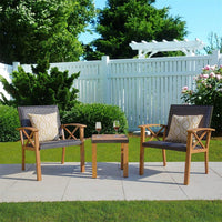 3 Piece Outdoor Patio Bistro Set with Wood Grain Aluminum Wicker Chairs and Beige Sunbrella Pillows