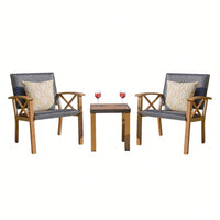 3 Piece Outdoor Patio Bistro Set with Wood Grain Aluminum Wicker Chairs and Beige Sunbrella Pillows