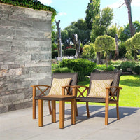 3 Piece Outdoor Patio Bistro Set with Wood Grain Aluminum Wicker Chairs and Beige Sunbrella Pillows