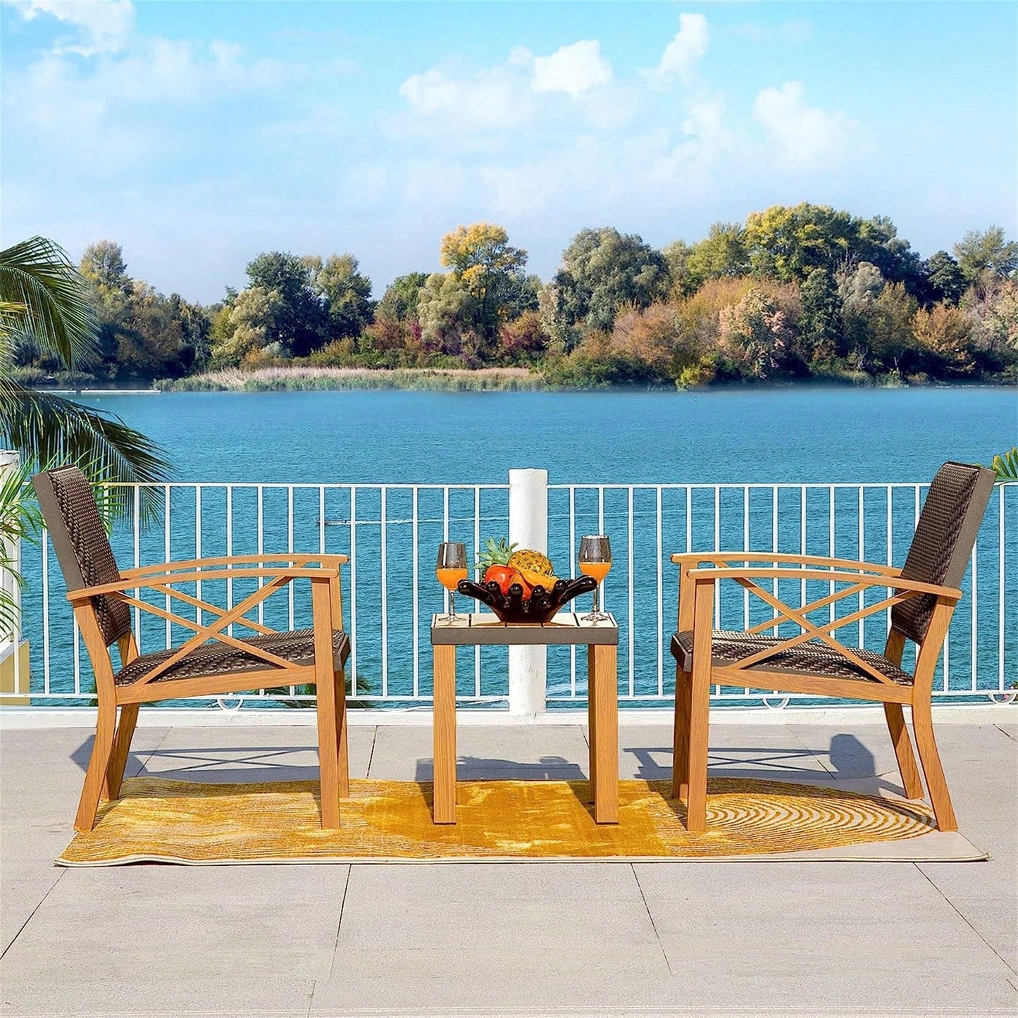 3 Piece Outdoor Patio Bistro Set with Wood Grain Aluminum Wicker Chairs and Beige Sunbrella Pillows