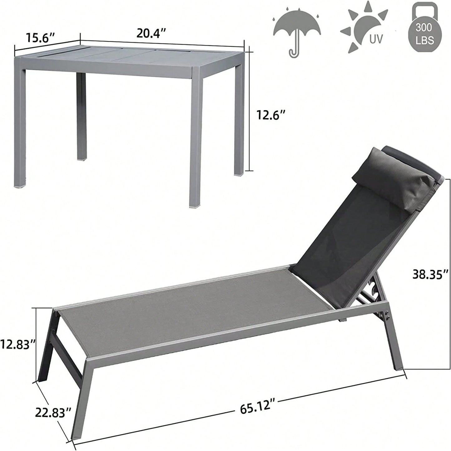 3 Pieces Aluminum Adjustable Pool Lounge Chairs Textilene Sunbathing Recliner With Headrest (Grey,2 Lounge Chairs+1 Table)