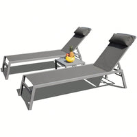 3 Pieces Aluminum Adjustable Pool Lounge Chairs Textilene Sunbathing Recliner With Headrest (Grey,2 Lounge Chairs+1 Table)