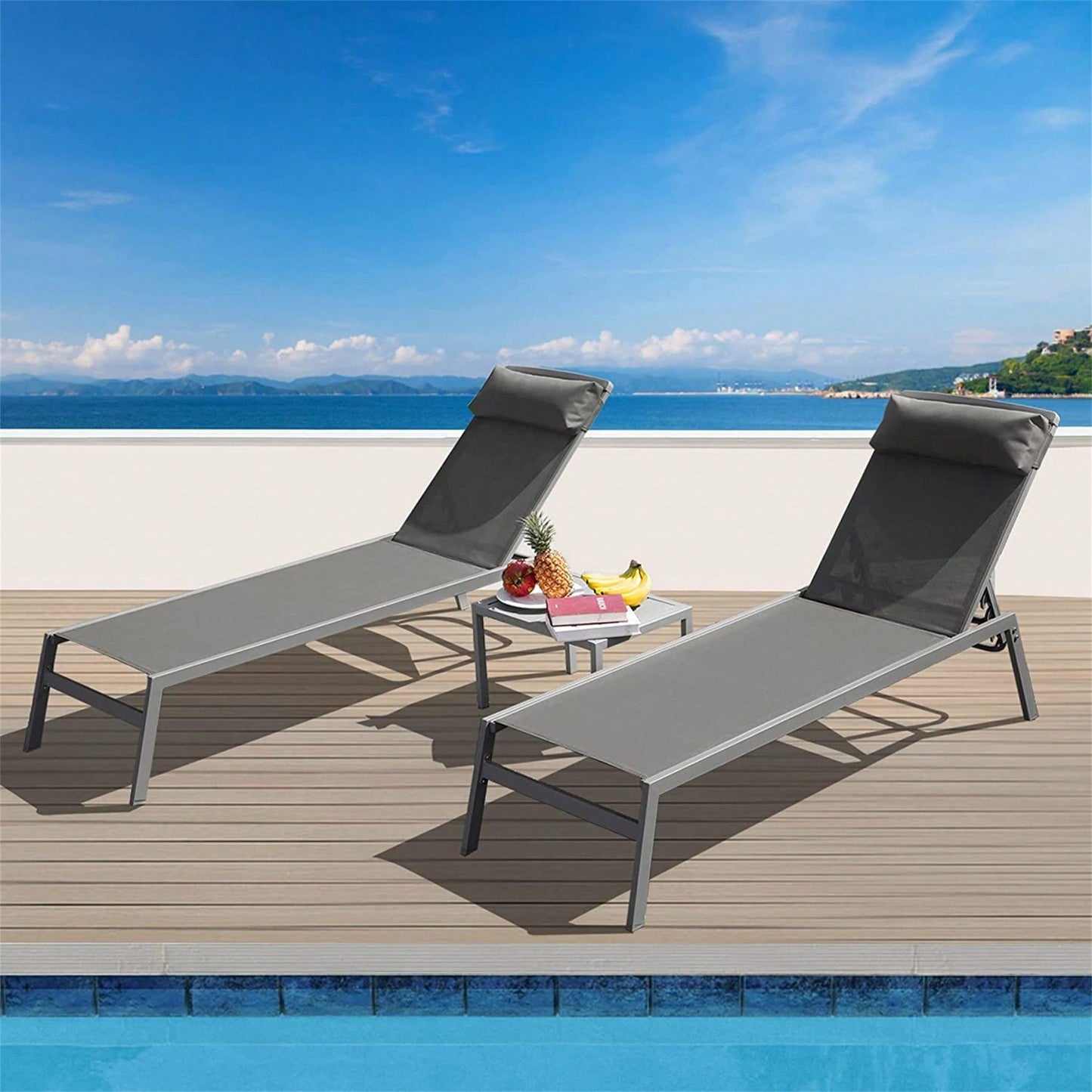 3 Pieces Aluminum Adjustable Pool Lounge Chairs Textilene Sunbathing Recliner With Headrest (Grey,2 Lounge Chairs+1 Table)