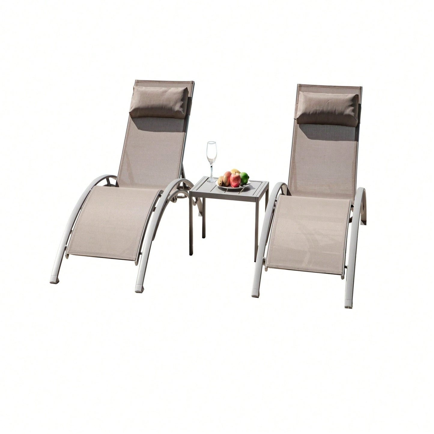 Adjustable Aluminum Chaise Lounge Chair Set of 3 with Metal Side Table for Outdoor Pool Deck Lawn and Backyard All Weather