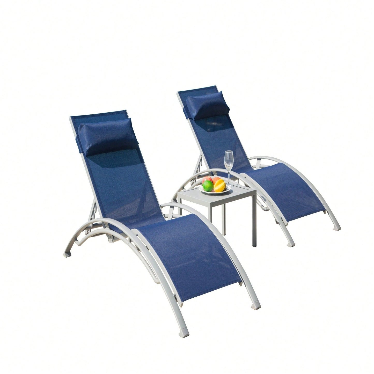 Adjustable Aluminum Chaise Lounge Chair Set of 3 with Metal Side Table for Outdoor Pool Deck Lawn and Backyard All Weather