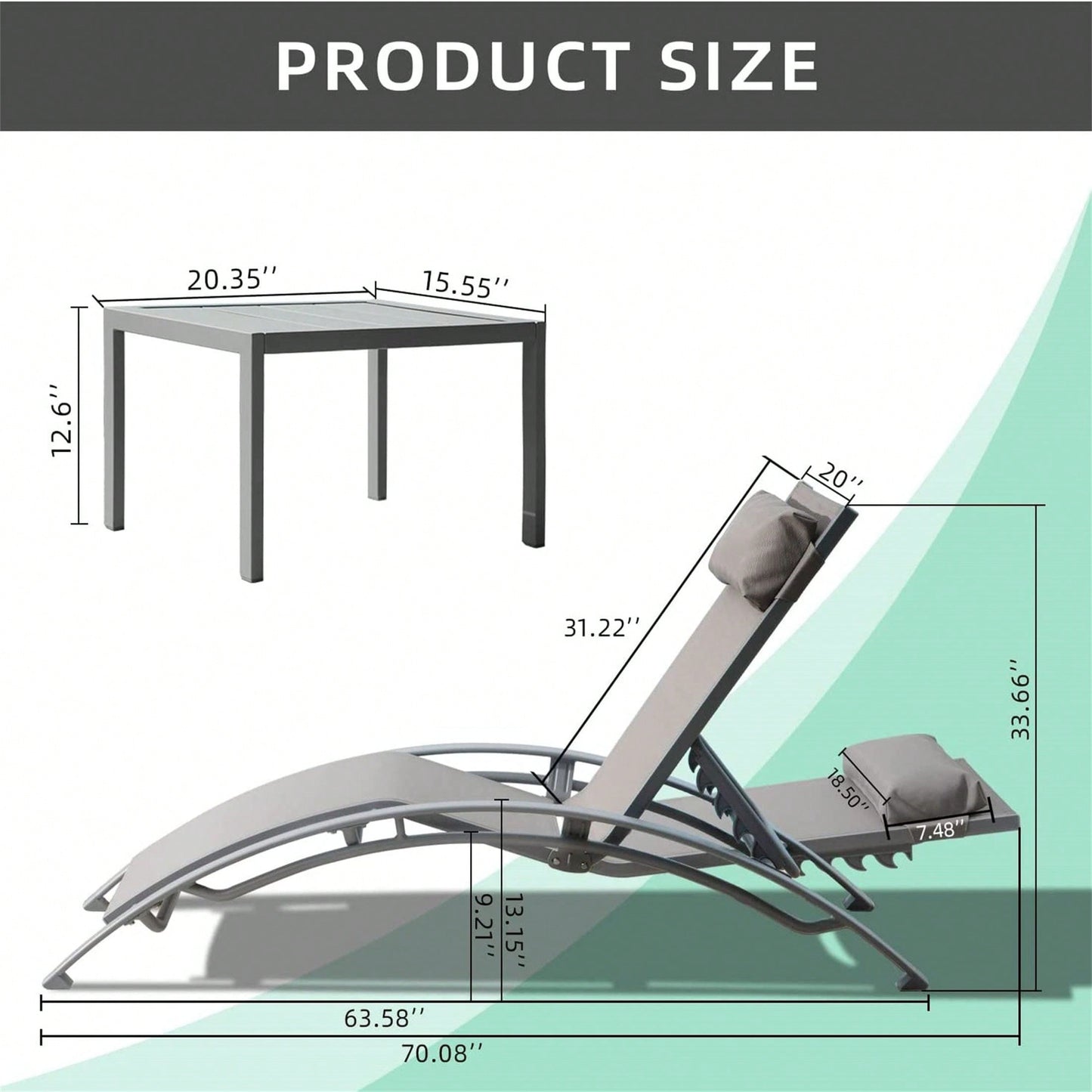 Adjustable Aluminum Chaise Lounge Chair Set of 3 with Metal Side Table for Outdoor Pool Deck Lawn and Backyard All Weather