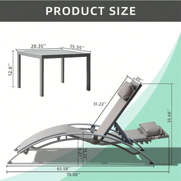 Adjustable Aluminum Chaise Lounge Chair Set of 3 with Metal Side Table for Outdoor Pool Deck Lawn and Backyard All Weather