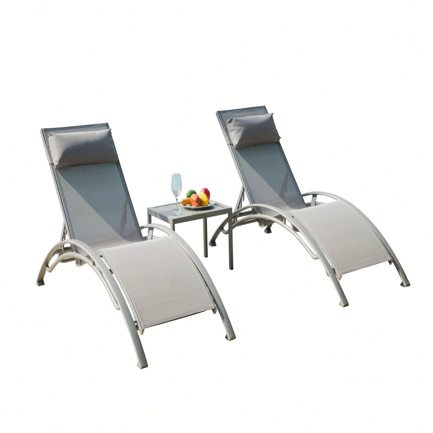 Adjustable Aluminum Chaise Lounge Chair Set of 3 with Metal Side Table for Outdoor Pool Deck Lawn and Backyard All Weather