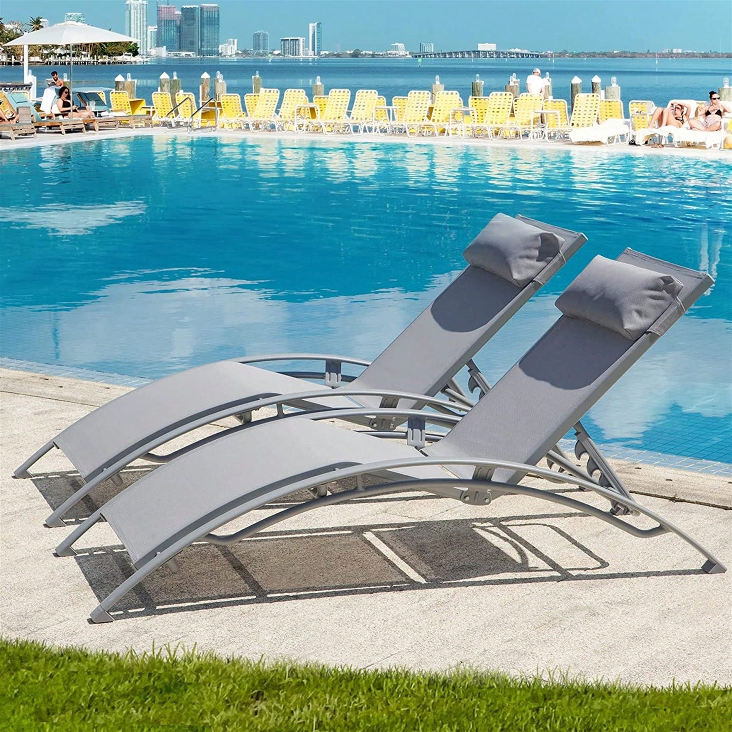 Adjustable Outdoor Chaise Lounge Set of 2 with Removable Pillows for Patio Beach Pool Sunbathing